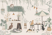 Cat Cafe Storefront Wallpaper Sage Green Garden Patio Wall Mural design