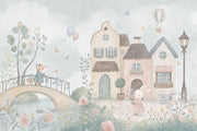 Watercolor Fairy Village Wallpaper Hot Air Balloon Wall Mural design