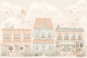 Pastel Village Bunnies Wallpaper Storybook Wall Mural design