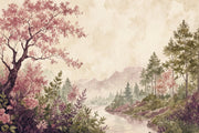 Pink Blossom Tree Wallpaper Watercolor Landscape Wall Mural design