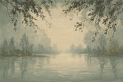 Misty Lake Landscape Wallpaper Sage Green Painterly Wall Mural design