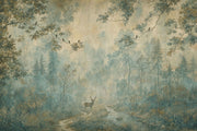 Misty Forest Deer Wallpaper Vintage Fresco Wall Mural design