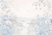 Blue Floral Landscape Wallpaper Watercolor Chinoiserie Wall Mural design