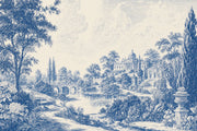 Blue Toile Garden Scene Wallpaper Vintage Engraving Wall Mural design