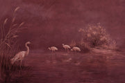 Wetland Herons Wallpaper Burgundy Painterly Wall Mural design
