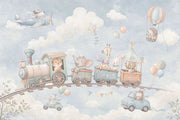 Toy Train And Sky Animals Wallpaper Watercolor Kids Wall Mural design