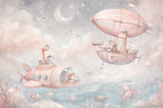 Whimsical Airship Animals Wallpaper Pastel Coastal Wall Mural design