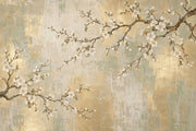 White Blossom Branches Wallpaper Chinoiserie Gold Accents Wall Mural design
