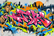 Pink Graffiti Lettering Wallpaper Street Art City Skyline Wall Mural design