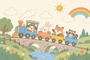 Cute Animal Train Wallpaper Pastel Storybook Wall Mural design