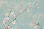 Cherry Blossom Branches Wallpaper Pale Blue Watercolor Wall Mural design