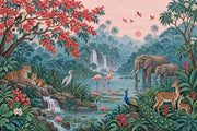 Tropical Jungle Wildlife Wallpaper Pink Sky Waterfall Wall Mural design