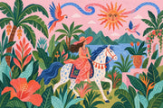 Woman On Horse Tropical Landscape Wallpaper Pink Sky Wall Mural design
