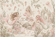 Mermaid Underwater Tea Party Wallpaper Watercolor Coastal Wall Mural design
