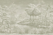 Chinoiserie Pagoda Garden Wallpaper Sage Green Landscape Wall Mural design