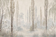 Misty Woodland Trees Wallpaper Watercolor Garden Landscape Wall Mural design