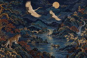 Moonlit Oriental Landscape Wallpaper Navy Panoramic Wall Mural design
