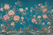 Teal Chinoiserie Peonies And Birds Wallpaper Oriental Garden Wall Mural design