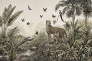 Cheetah And Cub Wallpaper Muted Green Jungle Wall Mural design