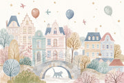 Watercolor Townscape Wallpaper Pastel European Village Wall Mural design