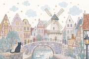 Watercolor Dutch Village Wallpaper Pastel Storybook Wall Mural design