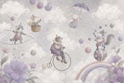 Watercolor Circus Animals Wallpaper Cloudy Sky Wall Mural design