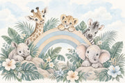 Baby Safari Animals Wallpaper Pastel Rainbow Nursery Wall Mural design