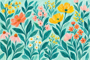 Hand Painted Garden Flowers Wallpaper Teal Background Wall Mural design