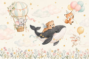 Hot Air Balloon Animals Wallpaper Watercolor Nursery Wall Mural design