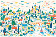 Fairytale Castle Village Wallpaper Watercolor Scene Wall Mural design