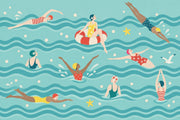 Retro Swimmers Wallpaper Teal Waves Wall Mural design