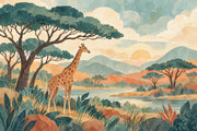 Giraffe Safari Landscape Wallpaper Vintage Sunset Wall Mural design