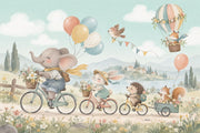 Watercolor Animal Bike Parade Wallpaper Pastel Hot Air Balloon Wall Mural design