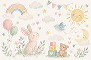 Watercolor Nursery Bunny Wallpaper Pastel Rainbow Wall Mural design