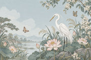 Heron And Lotus Wallpaper Chinoiserie Floral Landscape Wall Mural design