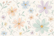 Pastel Daisy Floral Wallpaper Whimsical Line Art Wall Mural design