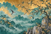 Misty Mountains And Flowering Branch Wallpaper Teal Gold Vintage Wall Mural design