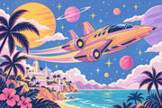 Retro Futuristic Spaceship Wallpaper Tropical Coast Wall Mural design