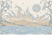 Art Nouveau Coastal Landscape Wallpaper Celestial Floral Border Wall Mural design