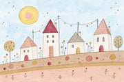 Whimsical Village Wallpaper Watercolor Kids Landscape Wall Mural design