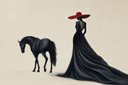 Elegant Woman On Black Horse Wallpaper Red Hat Fashion Wall Mural design
