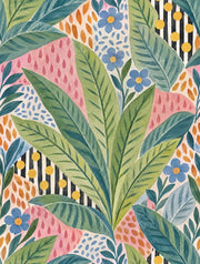 Tropical Botanical Wallpaper Watercolor Leaves Blue Flowers design