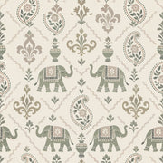 Elephants Wallpaper Paisley Floral Pattern Sage Green Ivory Background design