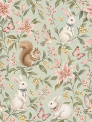 Woodland Rabbits Wallpaper Watercolor Sage Green design