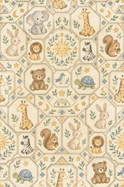 Nursery Animals Wallpaper Watercolor Geometric Tile On Cream Background design