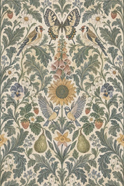 Birds And Butterfly Wallpaper Symmetrical Vintage Garden Sage Green design
