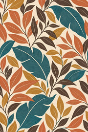 Tropical Leaf Wallpaper Teal And Orange Foliage On Cream design