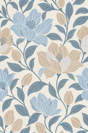Large Floral Wallpaper Blue Leaves Cream Background design