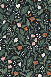 Stylized Floral Wallpaper Muted Green Dark design
