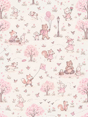 Woodland Animals Wallpaper Pink Blossoms Watercolor Pattern design